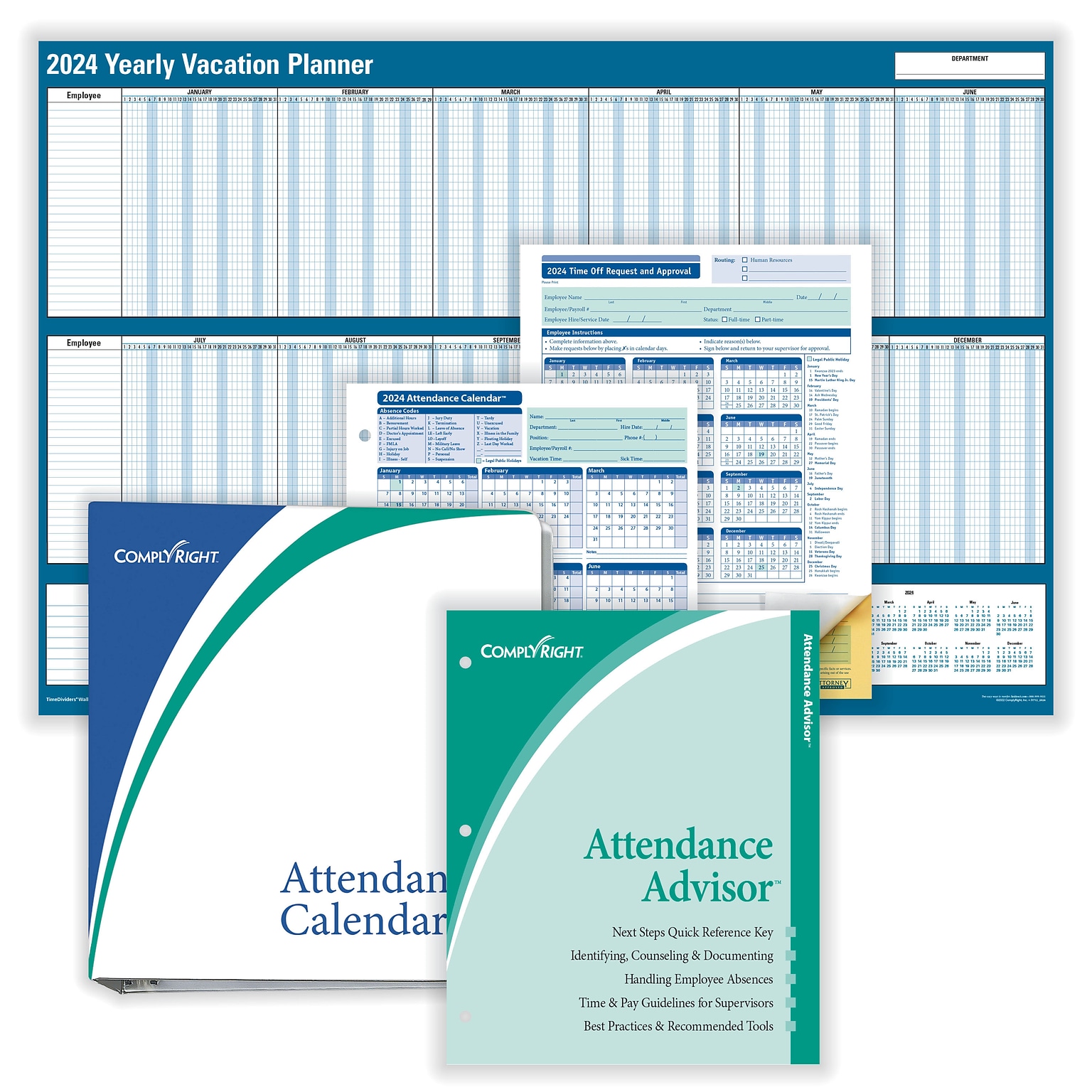 2024 ComplyRight Attendance Tracking Kit, 24 x 36 Yearly Dry Erase Wall Calendar, Blue/White (A0101)