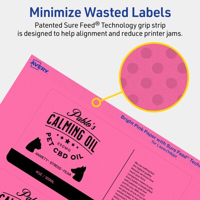 Avery Laser/Inkjet Rectangle Multipurpose Labels, 3" x 6", Bright Pink, 240/Box (94249)