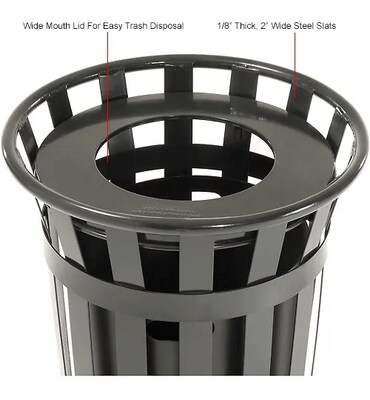 Global Industrial Outdoor Slatted Steel Trash Can w/ Flat Lid & Liner, 24 Gallon, Black (237725BK)