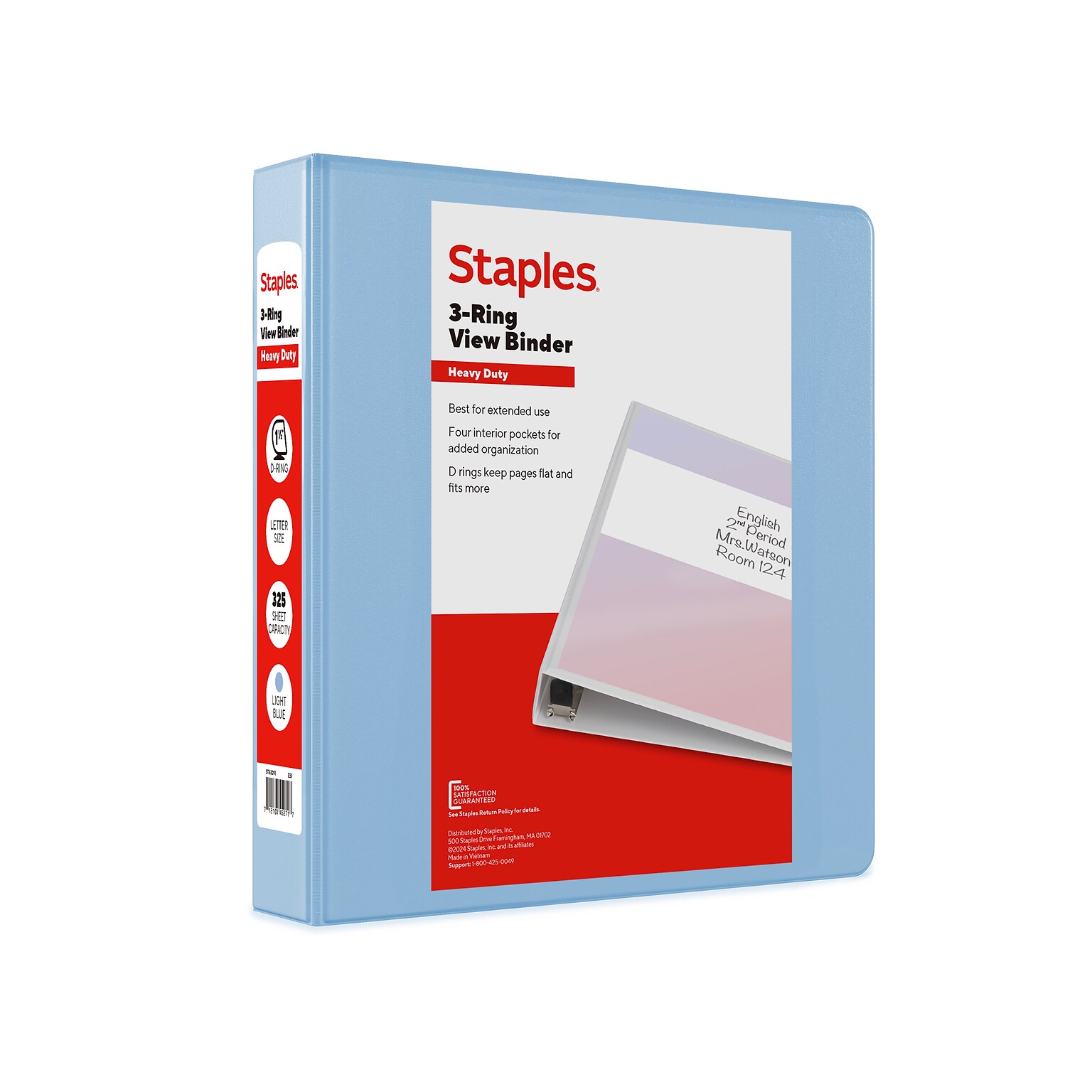 Staples Heavy Duty 1 1/2 3-Ring View Binder, D-Ring, Light Blue (ST63091)