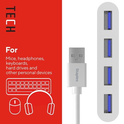 Staples TECH 4-Port USB 2.0 Hub, White (ST62376)