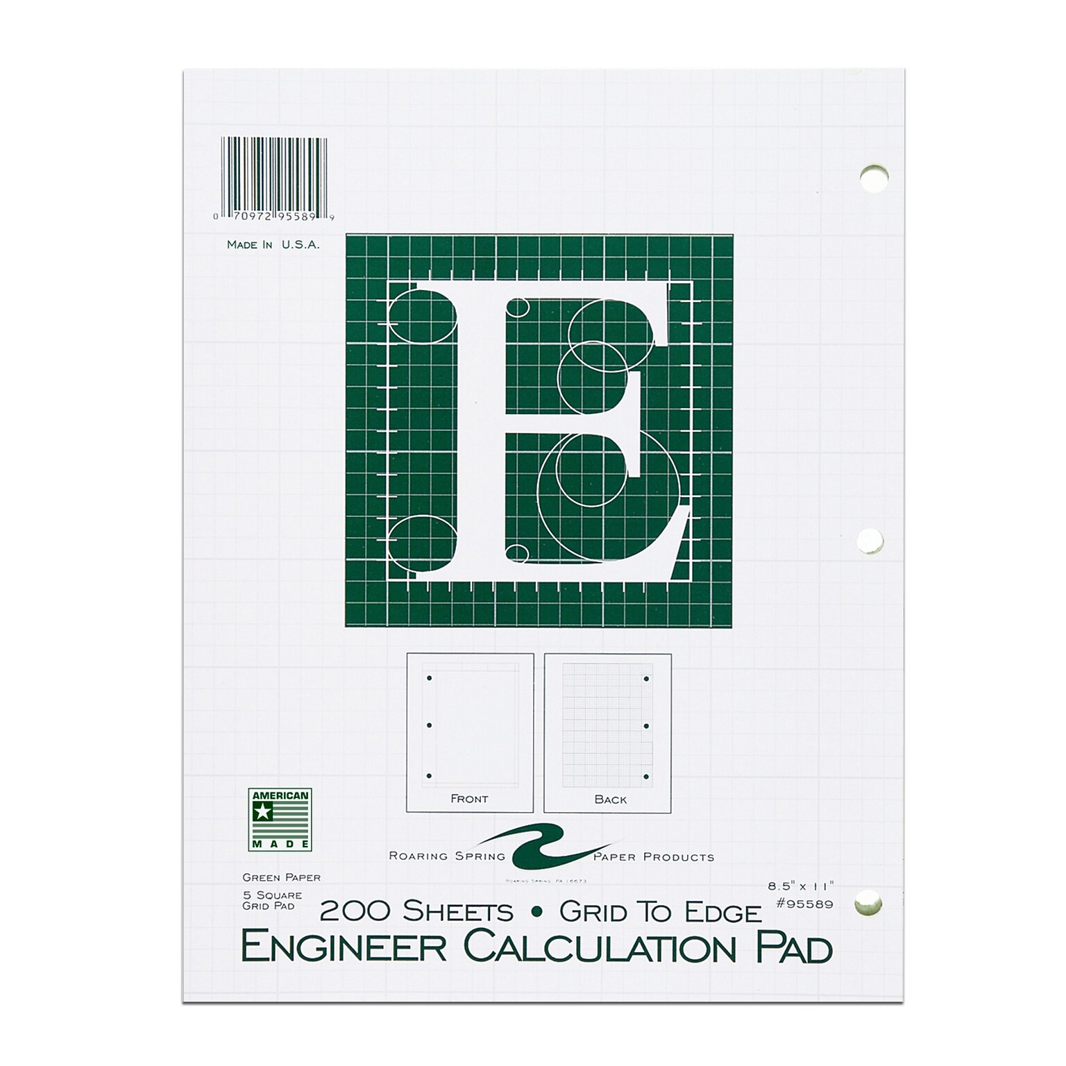 Roaring Spring Paper Products Engineer Graph Pad, 8.5 x 11, Graph Ruled, Green, 200 Sheets/Pad, 12 Pads/Case (95589CS)