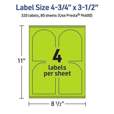 Avery Printable Decorative Edge Multipurpose Labels, 4.75" x 3.5", Bright Green, 320/Box (94600)