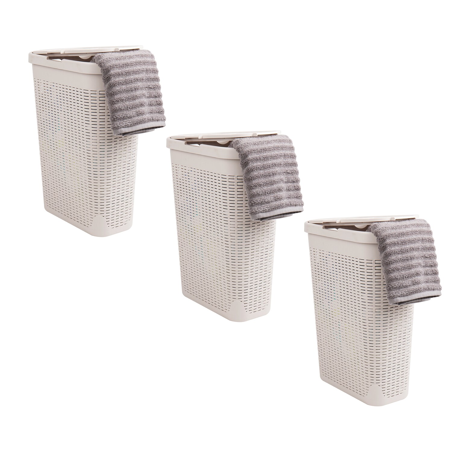 Mind Reader 10.5 Gallon Hamper with Lid, Plastic, Ivory, 3/Pack (3PKHAMP40-IVO)
