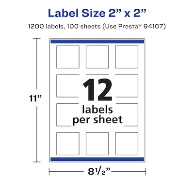 Avery Laser/Inkjet Square Multipurpose Labels, 2" x 2", White, 1200 Labels/Box  (94107)
