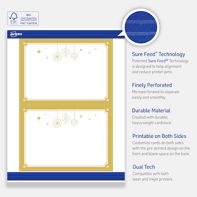 Avery Gold-Metallic Ornaments General Use Blank Cards, White, 20/Pack (S00-FH5)