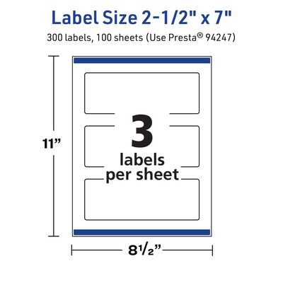Avery TrueBlock Laser/Inkjet Rectangle Multipurpose Labels, 2.5" x 7", White, 300/Box (94247)