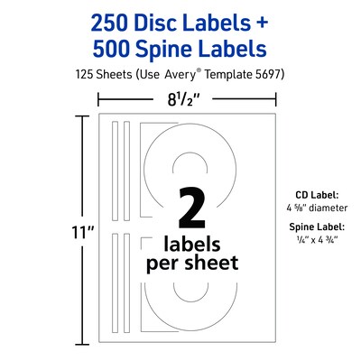 Avery Laser CD Labels, White, 2 Labels/Sheet, 125 Sheets/Pack, 250 Labels/Pack (5697)
