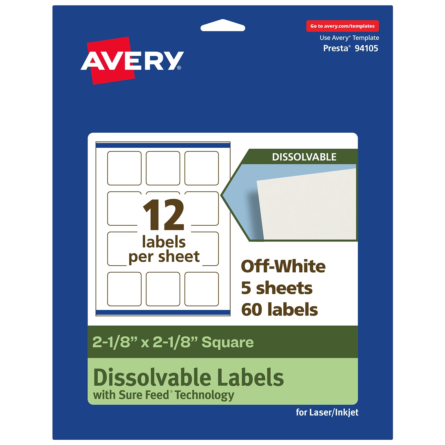 Avery Dissolvable Square Multipurpose Labels, 2-1/8 x 2-1/8, Off-white, 60/Pack (94105)