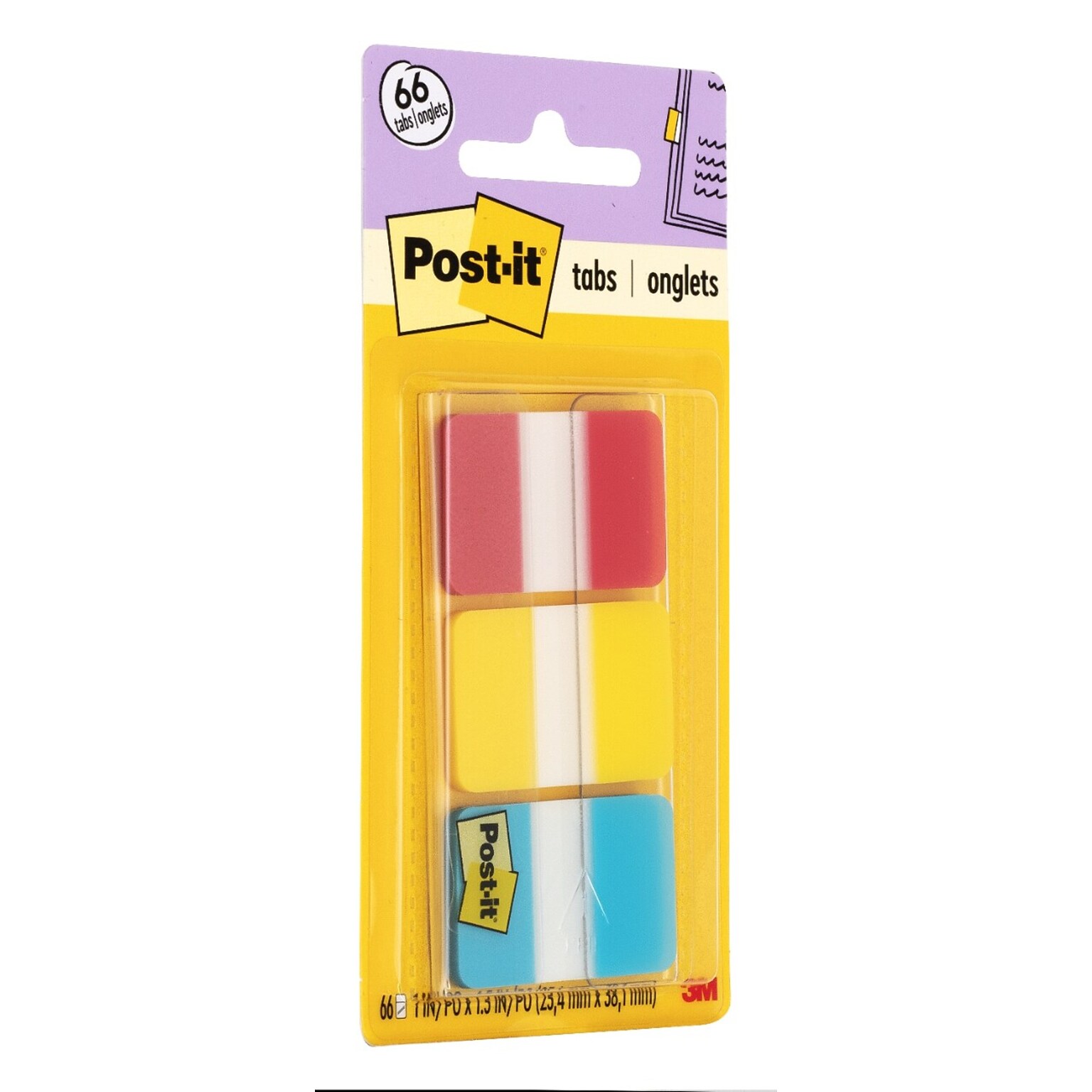 Post-it Tabs, 1 Wide, Solid, Assorted Colors, 66 Tabs/Pack (686-RYB)