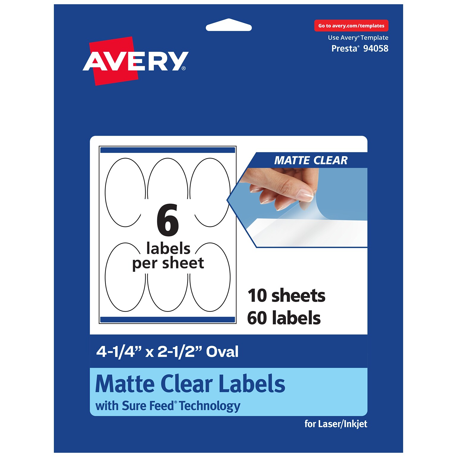 Avery Laser/Inkjet Oval Multipurpose Labels, 4-1/4 x 2-1/2, Clear, 60/Pack (94058)