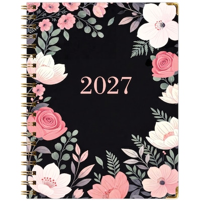 2027 Excello Brands 9" x 11" Weekly & Monthly Standard Planner, Paperboard Cover, Black Floral Pink (FSHN-CY27-8511-06)
