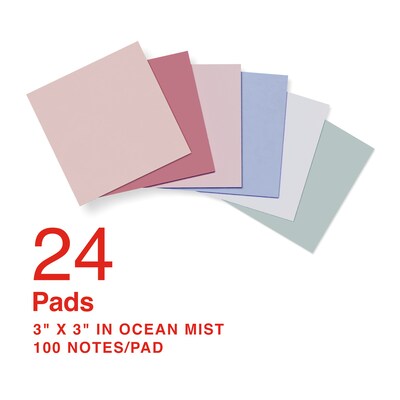 Staples Sticky Notes, 3 x 3, Ocean Mist Collection, 100 Sheets/Pad, 24 Pads/Pack (ST62875)