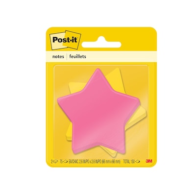 Post-it Star-Shaped Notes, 2.6 x 2.6 Assorted Colors, 75 Sheets/Pad, 2 Pads/Pack (7350-STR)