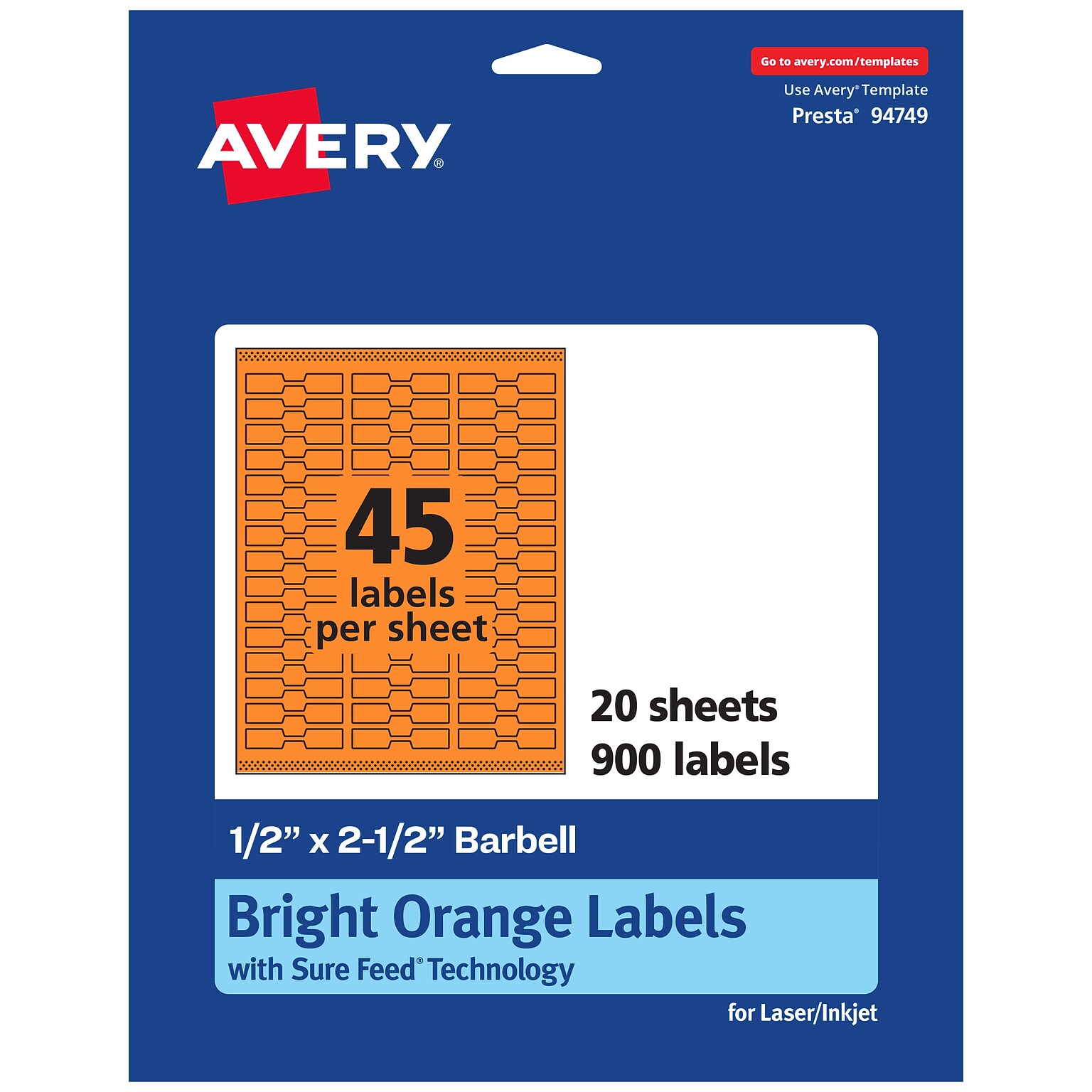 Avery Laser/Inkjet Multipurpose Decorative Edge Labels, 0.5 x 2.5, Bright Orange, 900/Pack (94749)