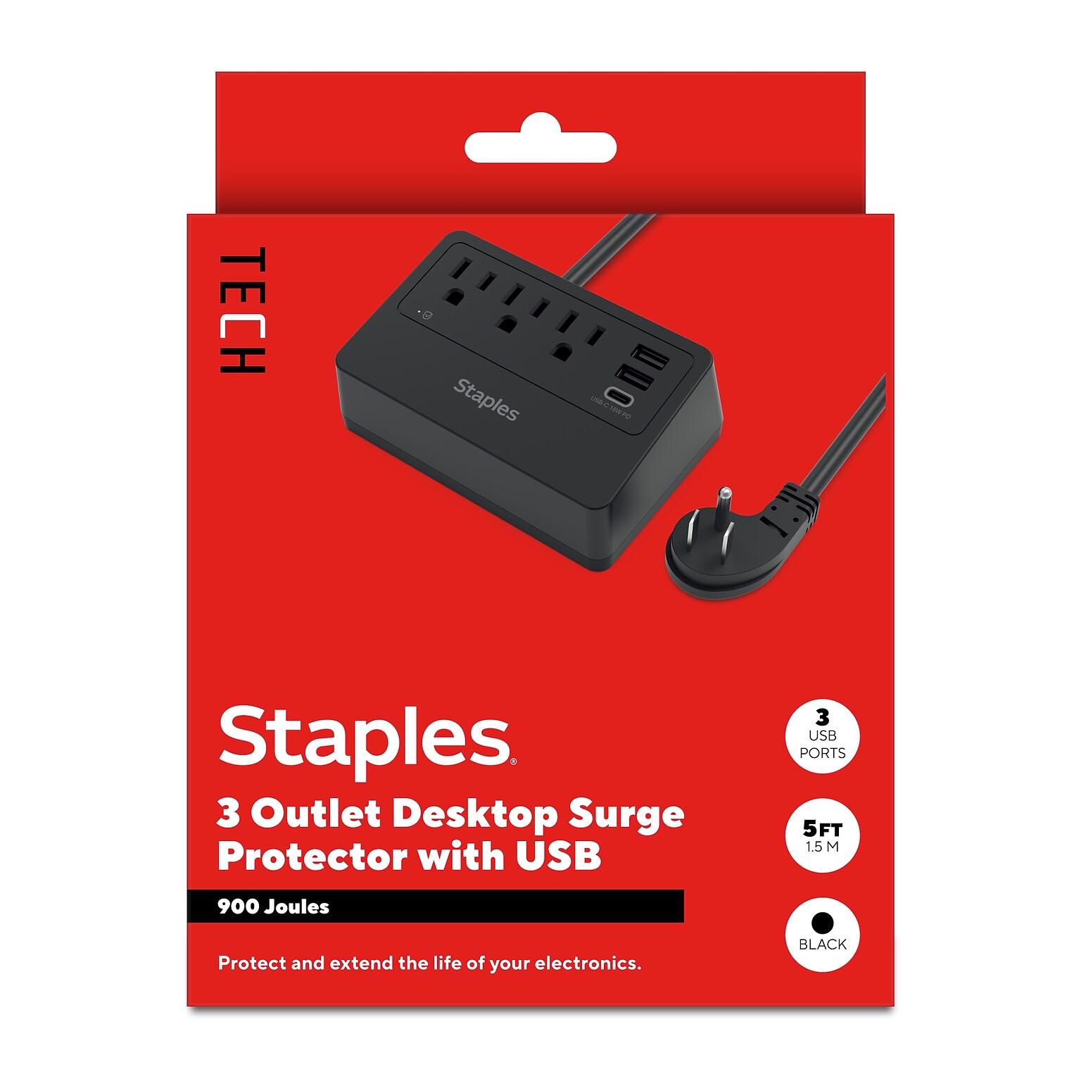Staples TECH 3-Outlet 3-USB Port Surge Protector, 5, 900 Joules, Black (ST62770)