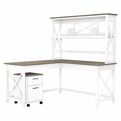 Bush Furniture Key West 60 L-Shaped Desk and Mobile 2-Drawer File Cabinet, Shiplap Gray/Pure White (KWS049G2W)