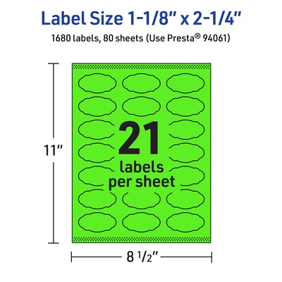 Avery Decorative Edge Multipurpose Labels, 1-1/8" x 2-1/4", Neon Green, 1680/Box (94061)