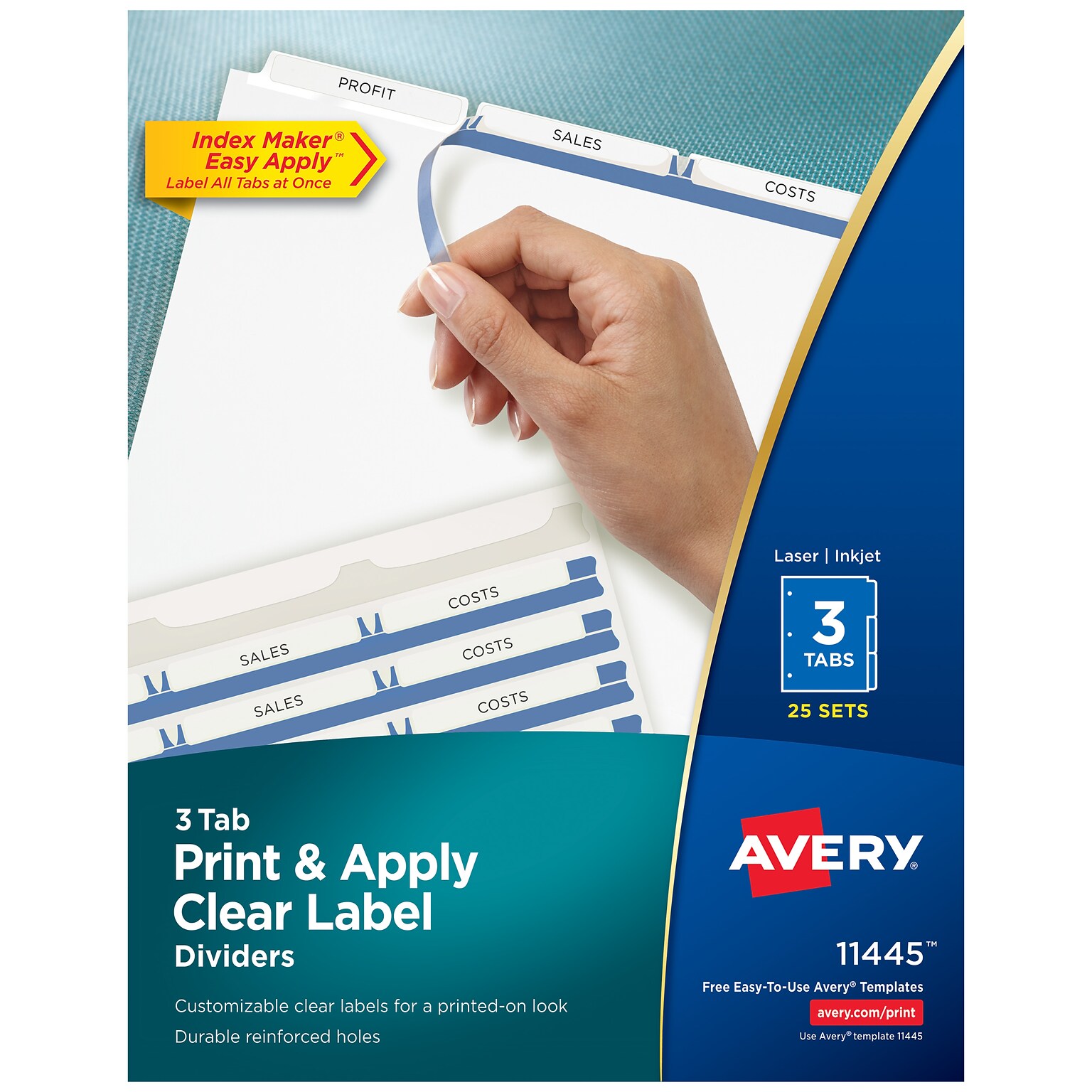 Avery Index Maker Paper Dividers with Print & Apply Label Sheets, 3 Tabs, White, 25 Sets/Pack (11445)