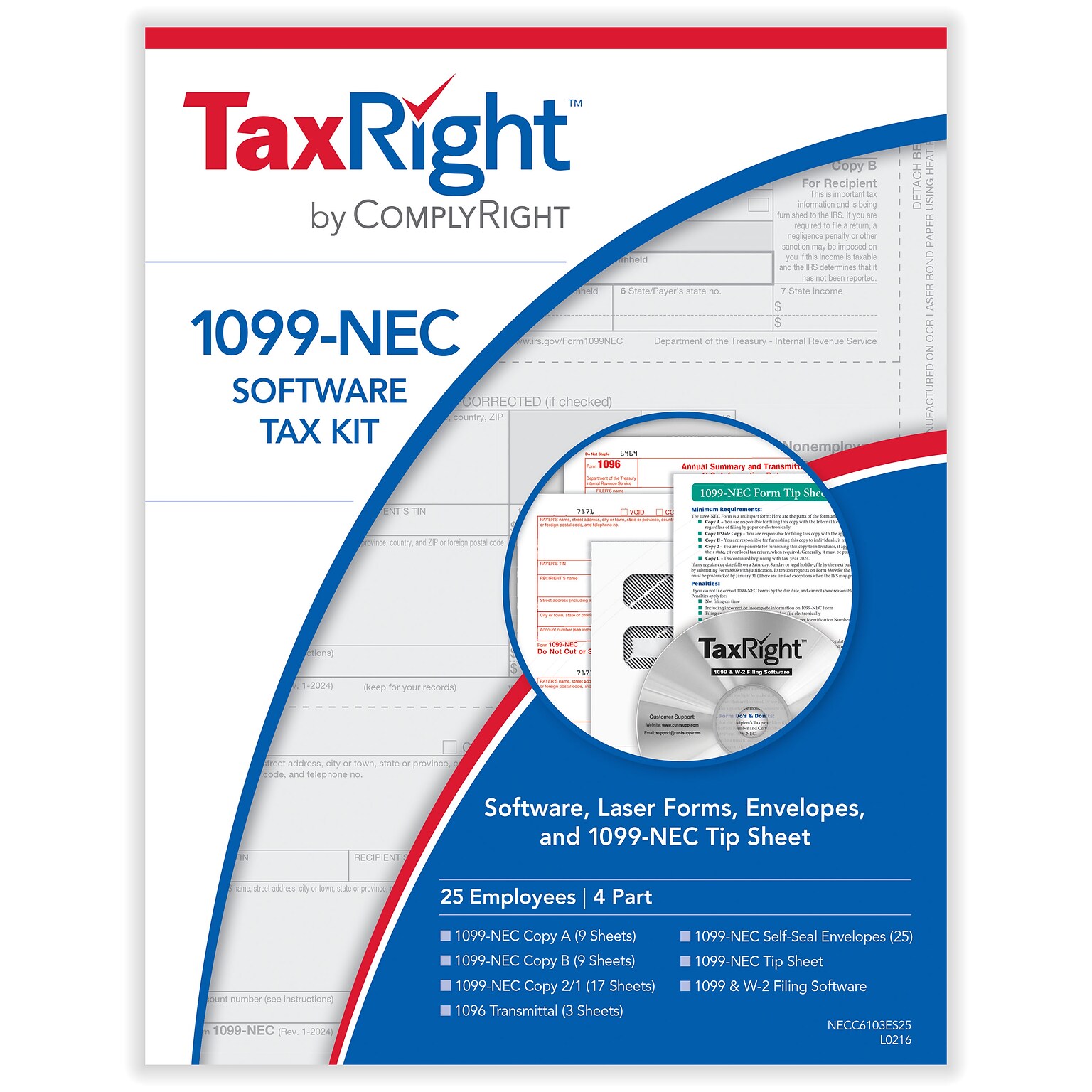 ComplyRight TaxRight 2024 1099-NEC Tax Form Tax Forms, Envelopes, TipSheet & Software, 4-Part, 25/Pack (NECSC6103ES25)