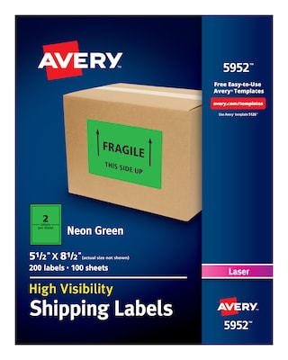Avery Laser Shipping Labels, 5-1/2 x 8-1/2, Neon Green, 2 Labels/Sheet, 100 Sheets/Box (5952)