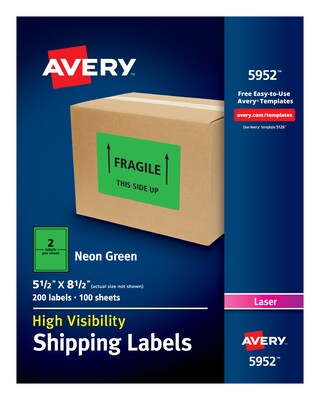 Avery Laser Shipping Labels, 5-1/2 x 8-1/2, Neon Green, 2 Labels/Sheet, 100 Sheets/Box (5952)