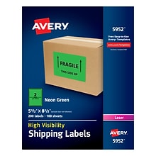 Avery Laser Shipping Labels, 5-1/2 x 8-1/2, Neon Green, 2 Labels/Sheet, 100 Sheets/Box (5952)