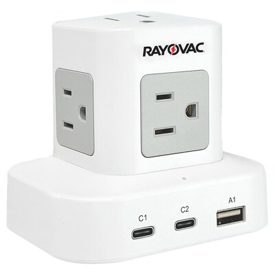 RAYOVAC 5-Outlet 3-USB Port Power Cube Surge Protector with Flat Plug, 5-ft., 540 Joules, White (SS-P927)