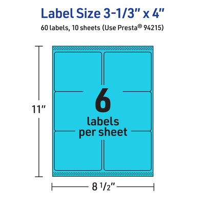 Avery Rectangle Multipurpose Labels, 3-1/3" x 4", Bright Blue, 60/Pack (94215)