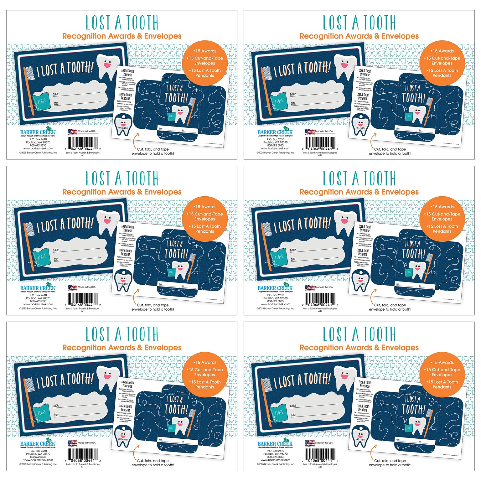 Barker Creek Lost a Tooth Awards & Envelopes, 8.5 x 5.5, Multicolored, 180/Set (4444)