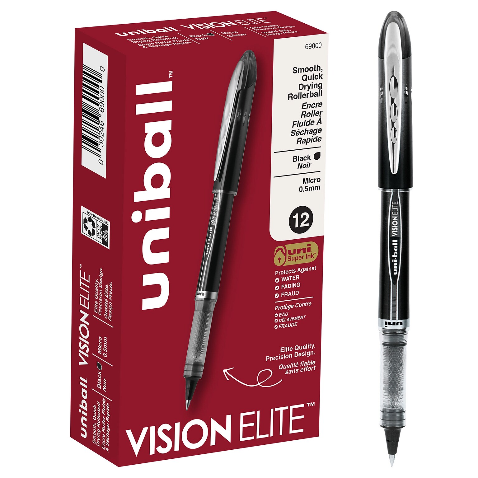 uni-ball Vision Elite Rollerball Pens, Micro Point, 0.5mm, Black Ink, Dozen (69000)