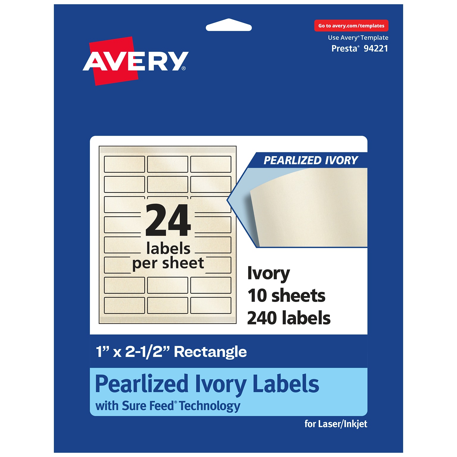 Avery Laser/Inkjet Multipurpose Labels, Ivory, 24 Labels/Sheet, 10 Sheets/Pack (94221-PIP10)