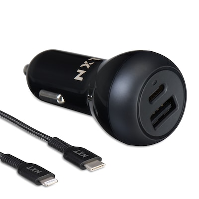 NXT Technologies™ USB-C/USB-A Car Charger with Lightning Cable for iPhone/iPad, Black (NX60453)