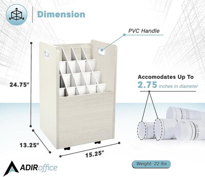 AdirOffice 20-Slot Mobile Roll File, Lockable, 24.75"H x 15.25"W x 13.25"D, White (624-WHI-KIT1)