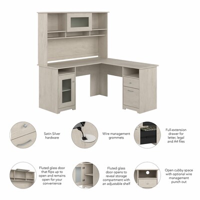 Bush Furniture Cabot 60"W L Shaped Computer Desk with Hutch and Storage, Linen White Oak (CAB001LW)