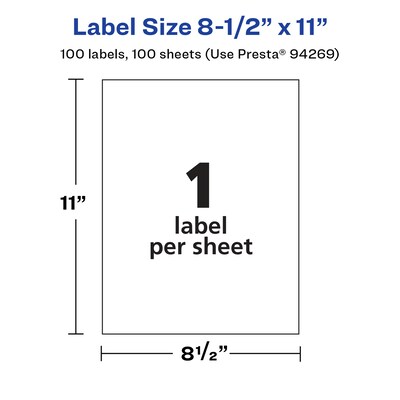 Avery Laser/Inkjet Rectangle Multipurpose Labels, 11"  x 8.5", Glossy White, 100/Box (94269)