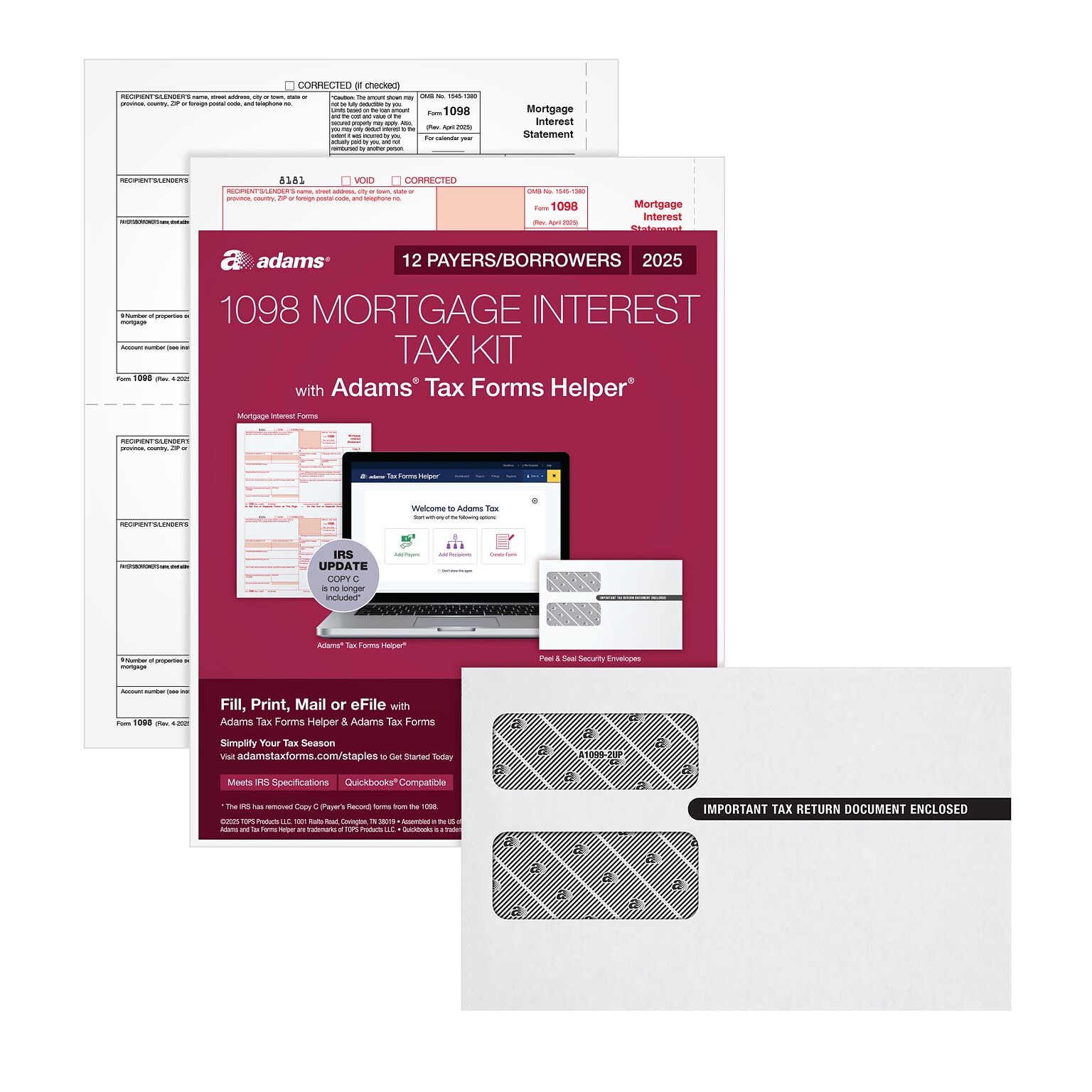 Adams 2025 1098 Mortgage Interest Tax Forms Kit, 2-Part, 2-Up, A and B, 12/Pack (STAX1098-25)