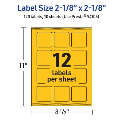 Avery Square Laser/Inkjet Multipurpose Labels, 2-1/8" x 2-1/8", Bright Yellow (120/Pack)