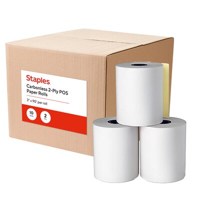 Staples 2 Part Carbonless Cash Register/POS Rolls, 3 x 90, 10 Rolls/Pack (28389/452173)