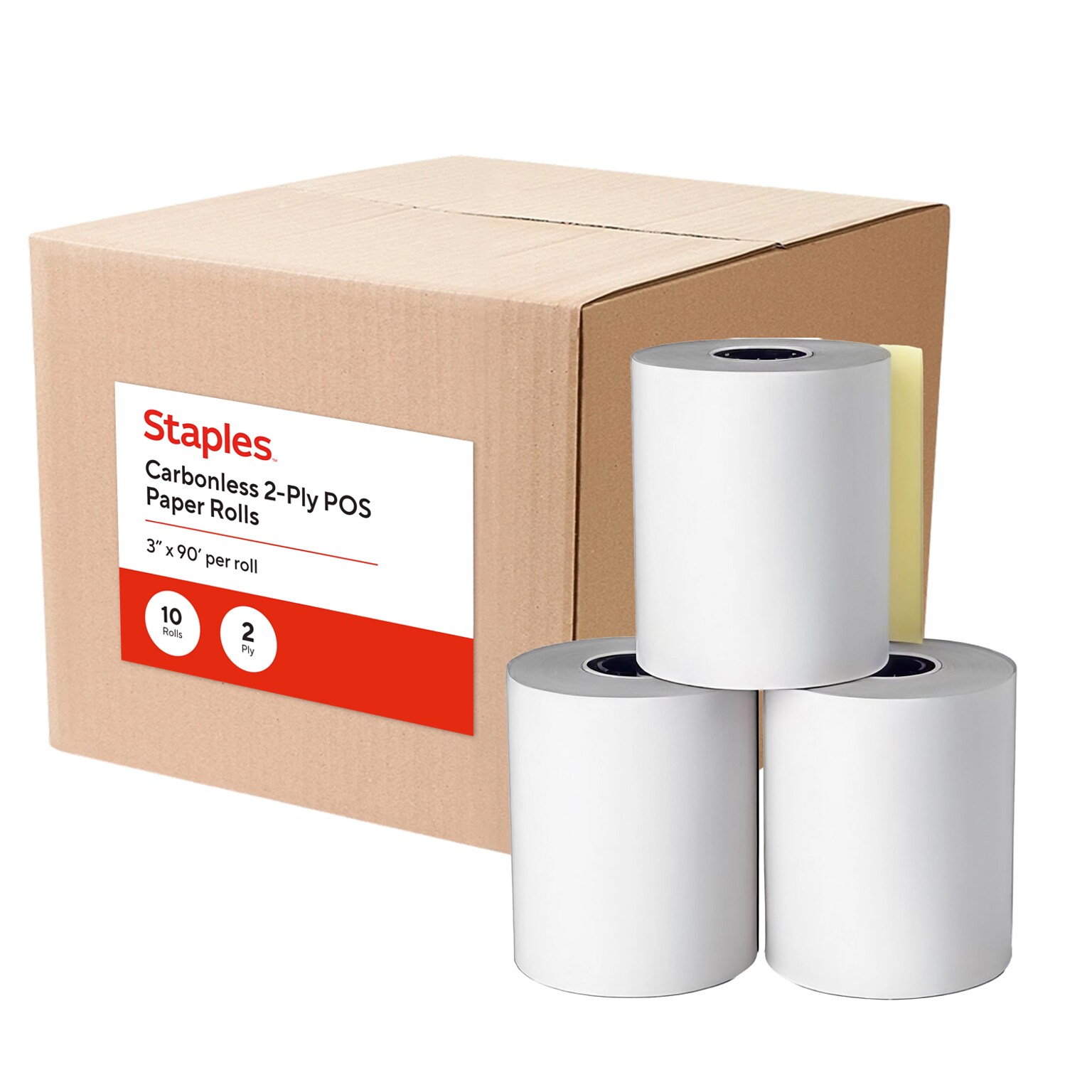 Staples 2 Part Carbonless Cash Register/POS Rolls, 3 x 90, 10 Rolls/Pack (28389/452173)