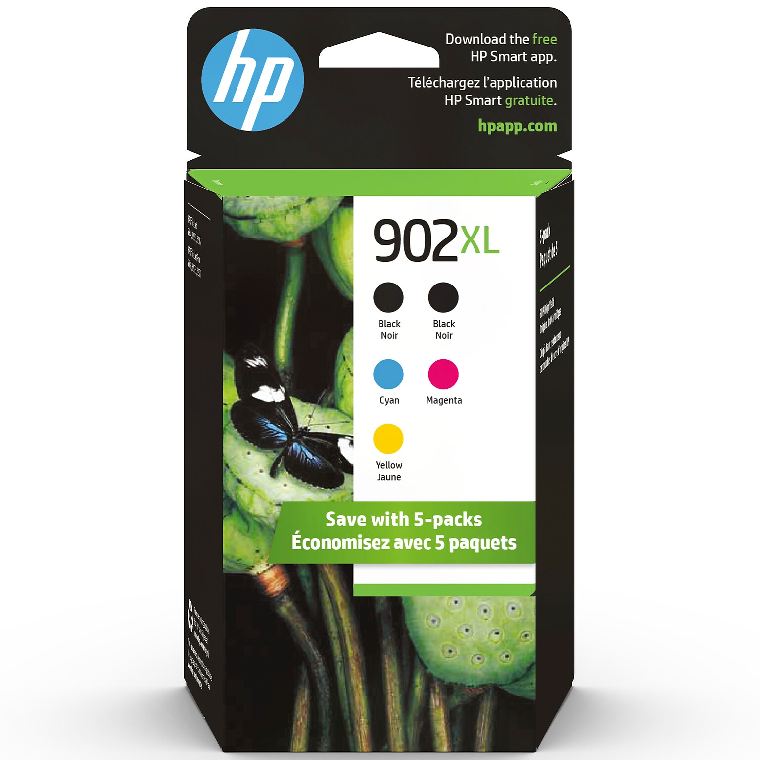 HP 902XL Black/Cyan/Magenta/Yellow High Yield Ink Cartridge, 5/Pack (6ZA01AN#140)