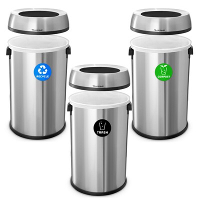 Alpine Industries Stainless Steel Recycling, Trash and Compost Station with Open Lid, 17 Gallon, 3/Pack (ALP470-65L-R-T-CO)
