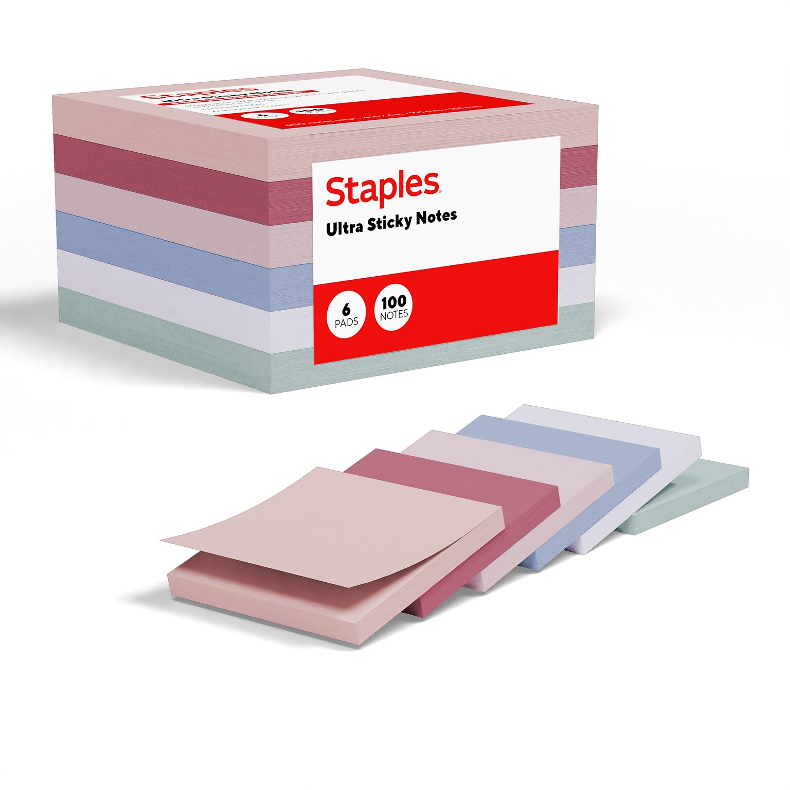 Staples Ultra Sticky Notes, 4 x 4, Ocean Mist Collection, 100 Sheets/Pad, 6 Pads/Pack (ST62876)