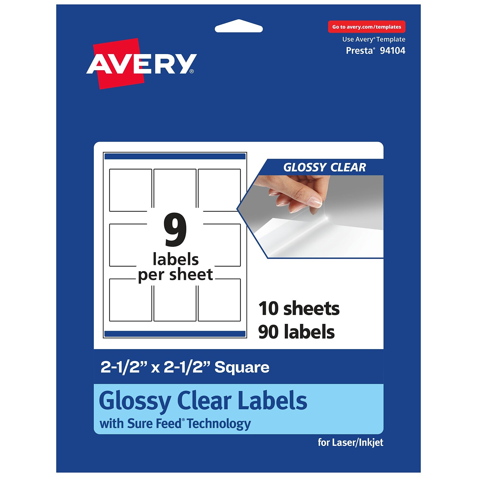 Avery Laser/Inkjet Square Glossy Labels, 2.5 x 2.5, Clear, 90 Labels/Pack (94104)