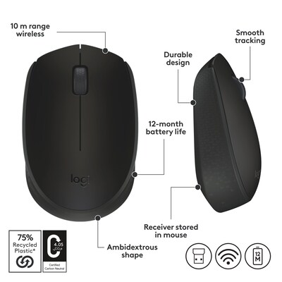 Logitech M170 Wireless Ambidextrous Optical Mouse, Black (910-004940)