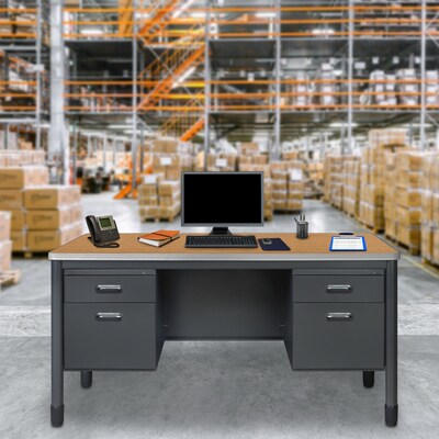 Regency Mesa Steel Double Pedestal Teacher's Office Desk, 60" x 30", Medium Oak (66266DPMO)