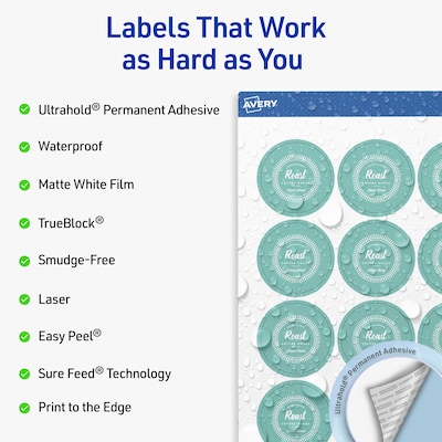 Avery Waterproof Round Laser Multipurpose Labels, 1.75 Dia., White, 1000/Box (19479399438)