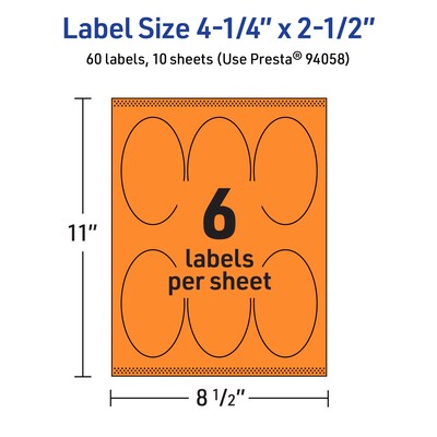 Avery Laser/Inkjet Multipurpose Oval Labels, 4.25" x 2.5", Bright Orange, 60/Pack (94058)