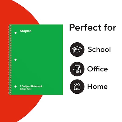 STAPLES 1-Subject Spiral Notebook, 8” x 10.5”, College Ruled, 70 Sheets, Assorted Colors, 6-Pack