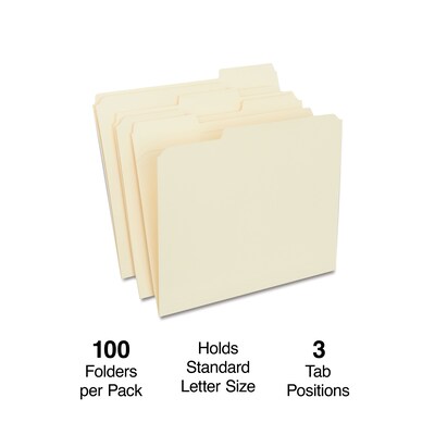 Quill Brand® Premium Reinforced File Folders, Assorted Tabs, 1/3-Cut, Letter Size, Manila, 100/Box (751137)